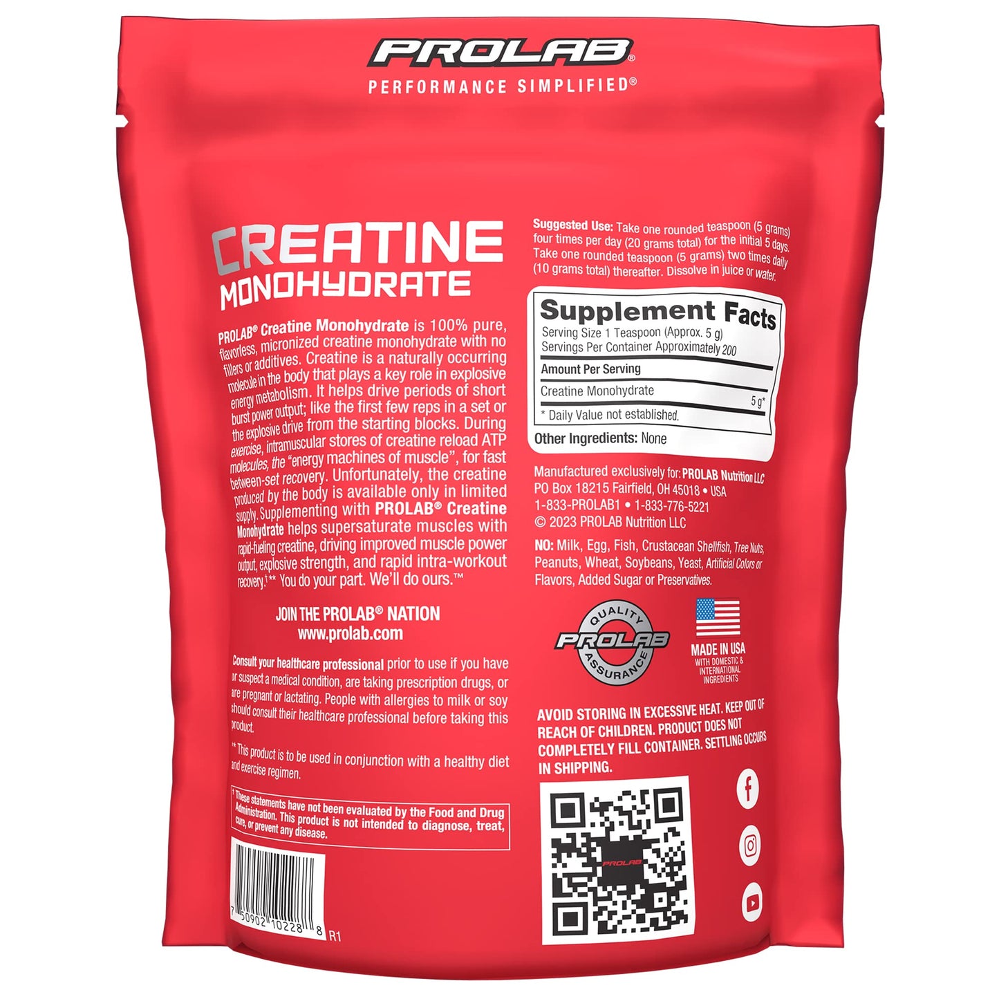 ProLab Nutrition Creatine Monohydrate Micronized Powder 1000g - Pure Creatine for Muscle Strength, Power & Endurance (Unflavored, 5g per serving, 200 servings)