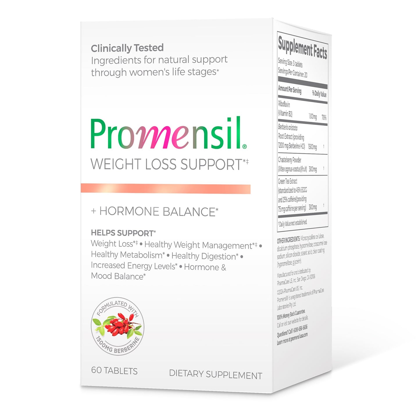 Promensil Weight Loss Support – Berberine 1500mg for Women | EGCG Green Tea & Hormone Balance