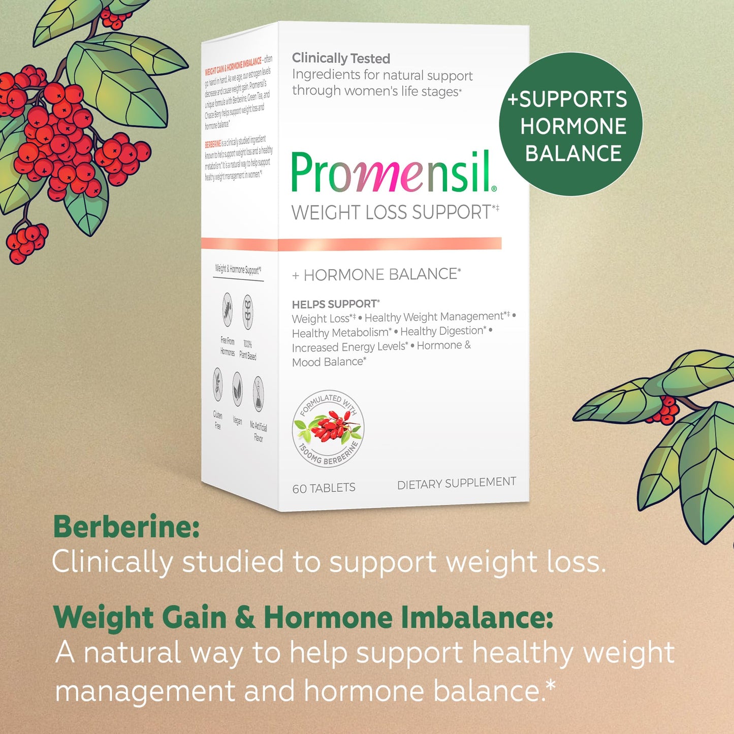 Promensil Weight Loss Support – Berberine 1500mg for Women | EGCG Green Tea & Hormone Balance