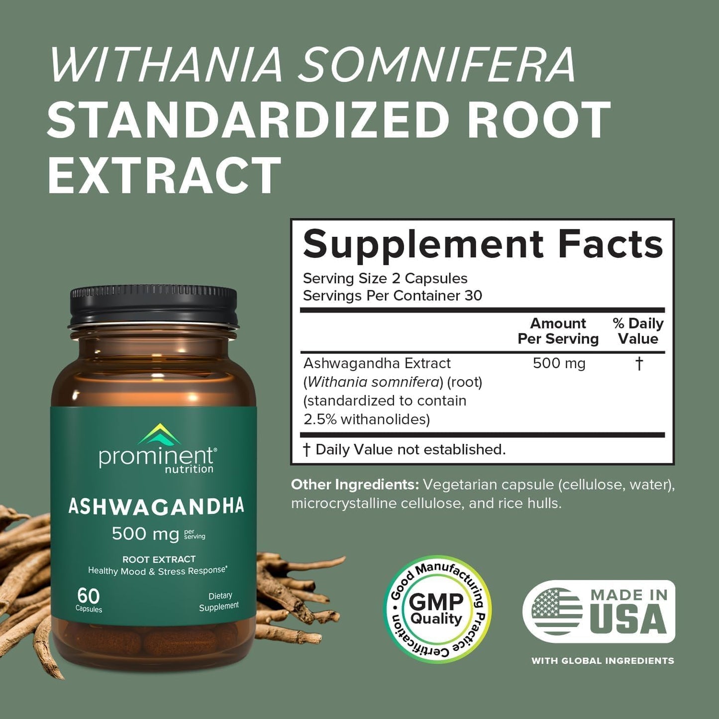 Prominent Nutrition Ashwagandha Supplement – Shagandha Root Extract, 2.5% Withanolides, 500 mg, 60 Vegan Capsules (1 Pack)