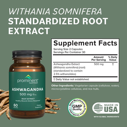 Prominent Nutrition Ashwagandha Supplement – Shagandha Root Extract, 2.5% Withanolides, 500 mg, 60 Vegan Capsules (1 Pack)