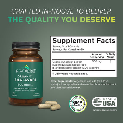 Prominent Nutrition Organic Shatavari Capsules – 500 mg, 60 Count | Hormone Support for Women