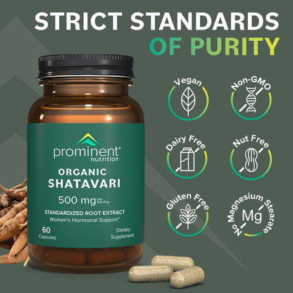 Prominent Nutrition Organic Shatavari Capsules – 500 mg, 60 Count | Hormone Support for Women
