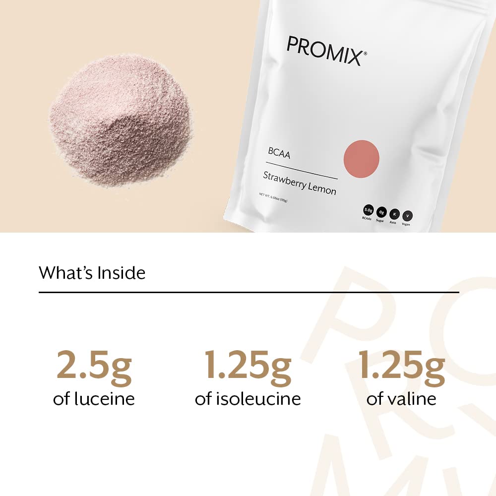 Promix BCAA Powder – 5g BCAAs, Sugar Free, Plant Based, Strawberry Lemon | 30 Servings