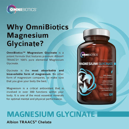OmniBiotics Magnesium Glycinate Supplement – Albion TRAACS Bisglycinate | Sleep, Muscle, Nerve & Heart Health – 120 Vegan Capsules