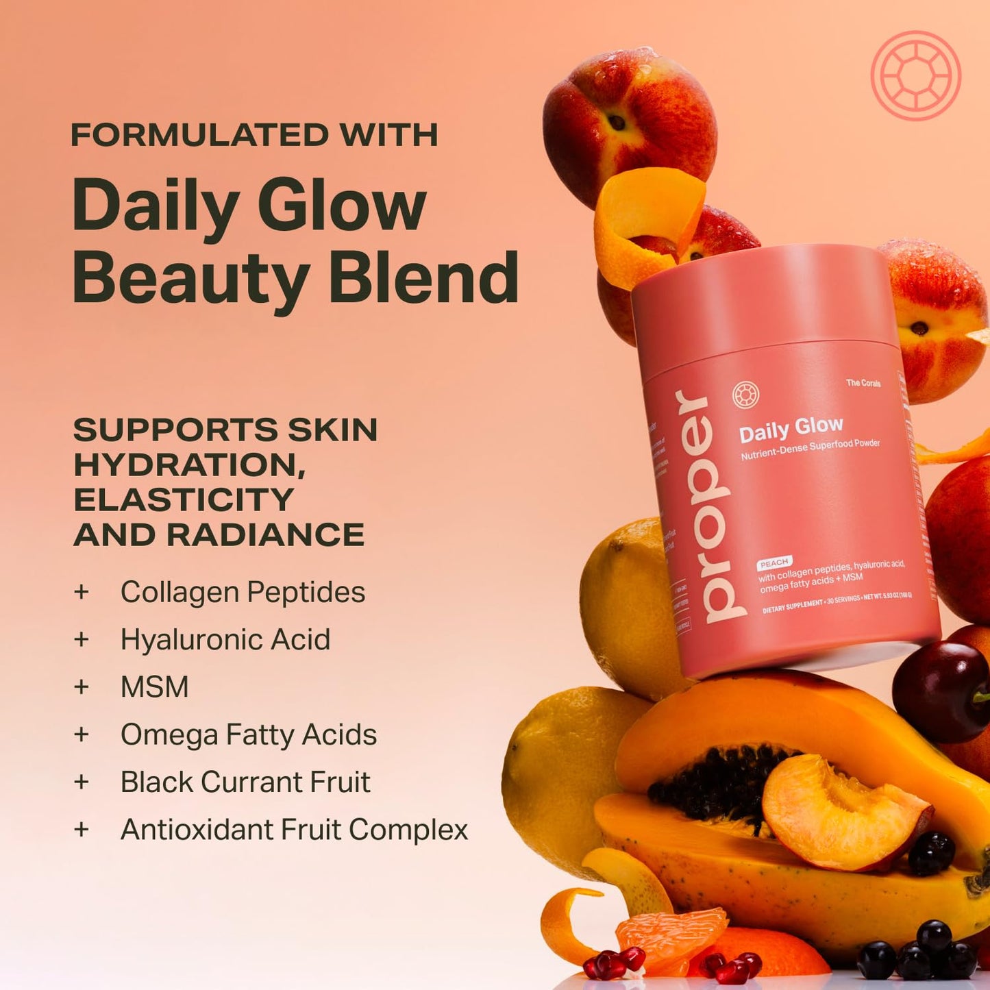 Proper, The Corals Daily Glow Beauty Blend – Nutrient Dense Superfood Powder with Collagen Peptides, Hyaluronic Acid, Vitamin C & MSM | Hair, Skin & Nails