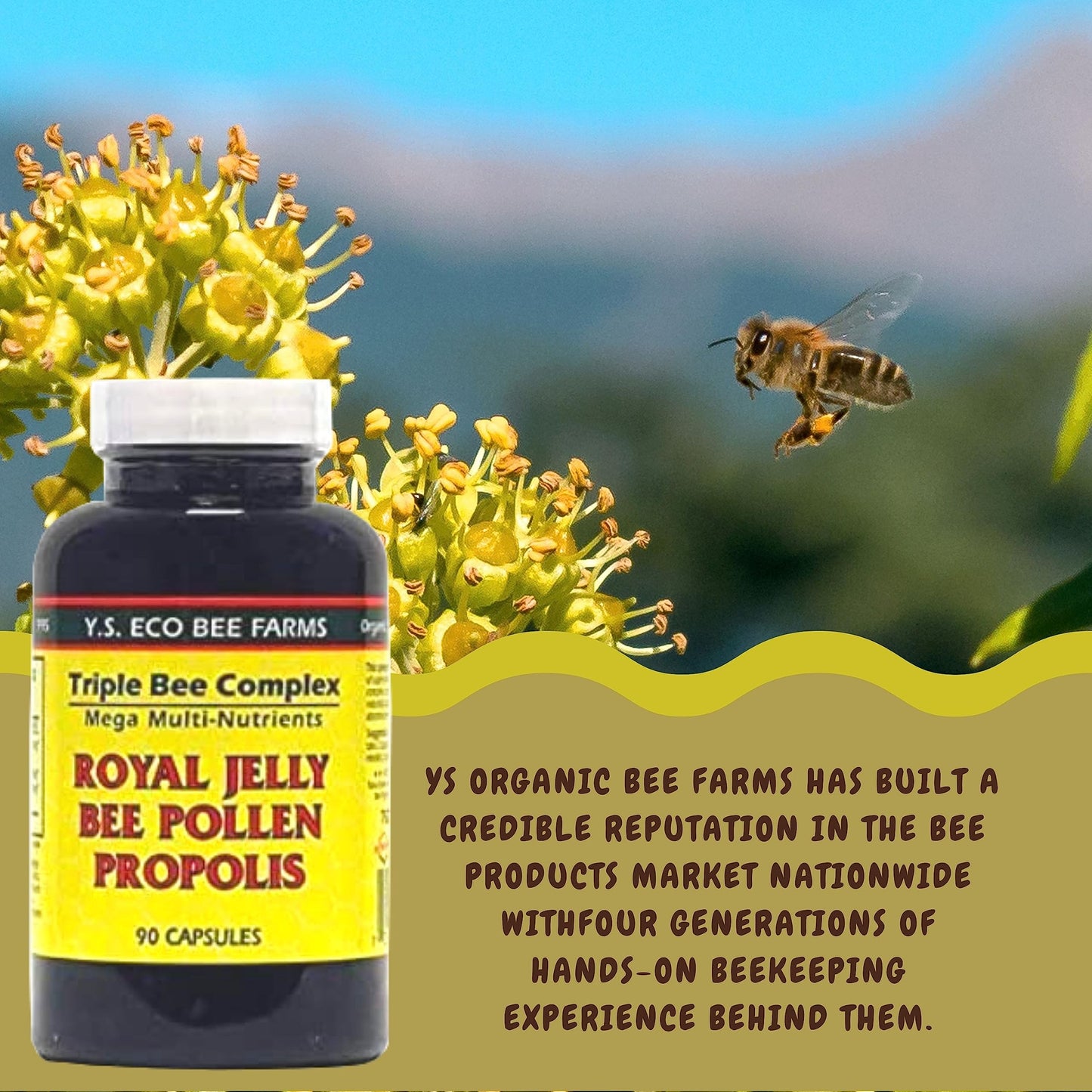 YS Organics Triple Bee Complex - Royal Jelly, Bee Pollen & Propolis | 90 Capsules + Bonus Key Chain