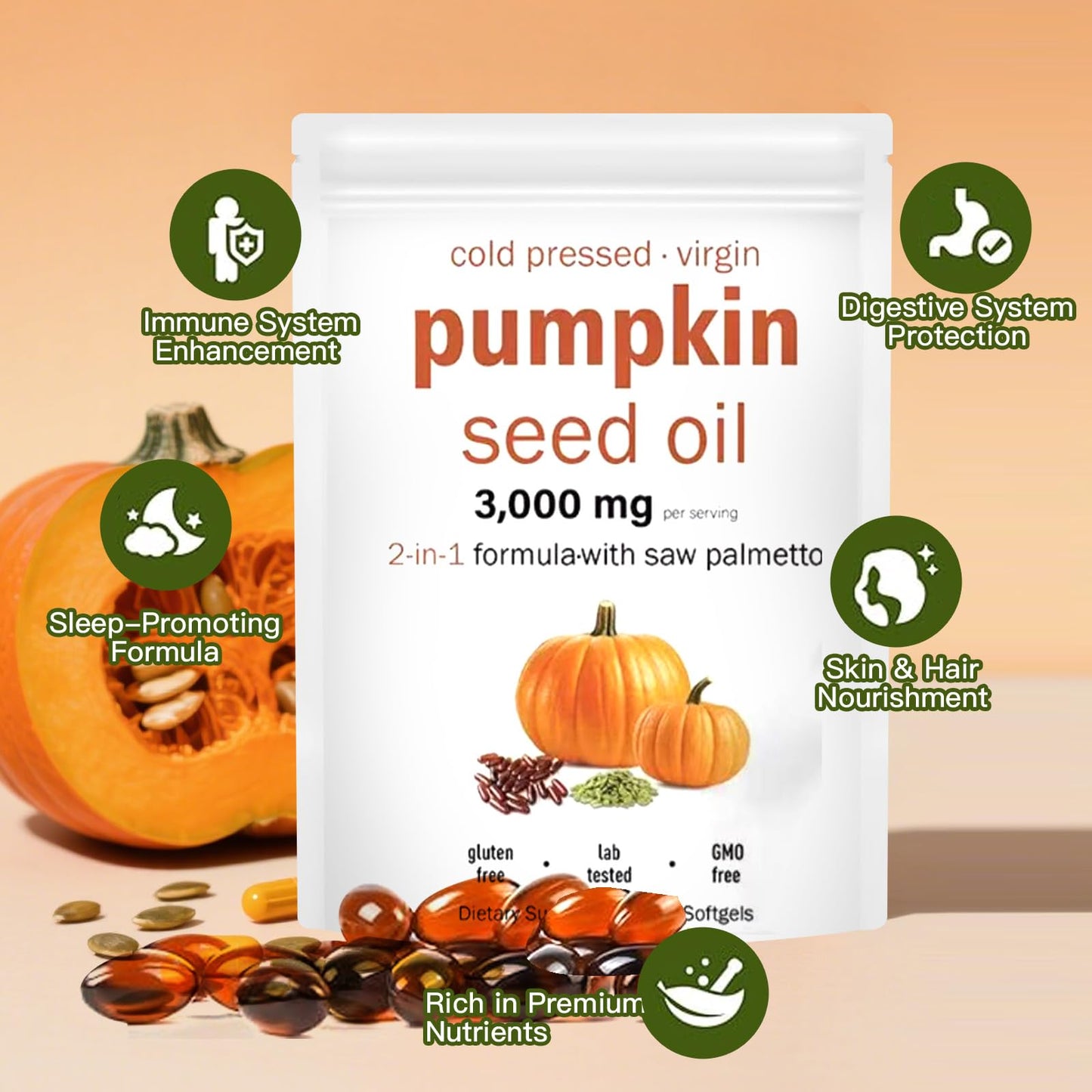 Pumpkin Seed Oil 2-in-1 with Saw Palmetto – 180 Softgels (3000mg per serving) – Prostate, Urinary & Hair Health | Non-GMO