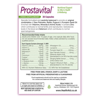 Health Aid Prostavital Blister Pack 30 Caps – Zinc, Selenium, Vitamin E, Lycopene