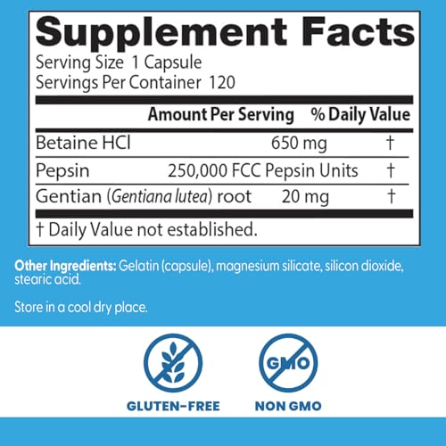 Doctor's Best Betaine HCl Pepsin & Gentian Bitters – Digestive Enzymes, 120 Caps, Non-GMO, Gluten Free | Original Version