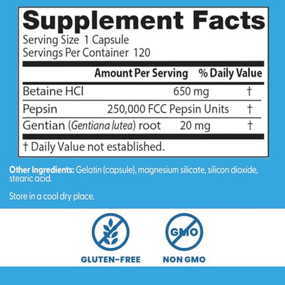 Doctor's Best Betaine HCl Pepsin & Gentian Bitters – Digestive Enzymes, 120 Caps, Non-GMO, Gluten Free | Original Version
