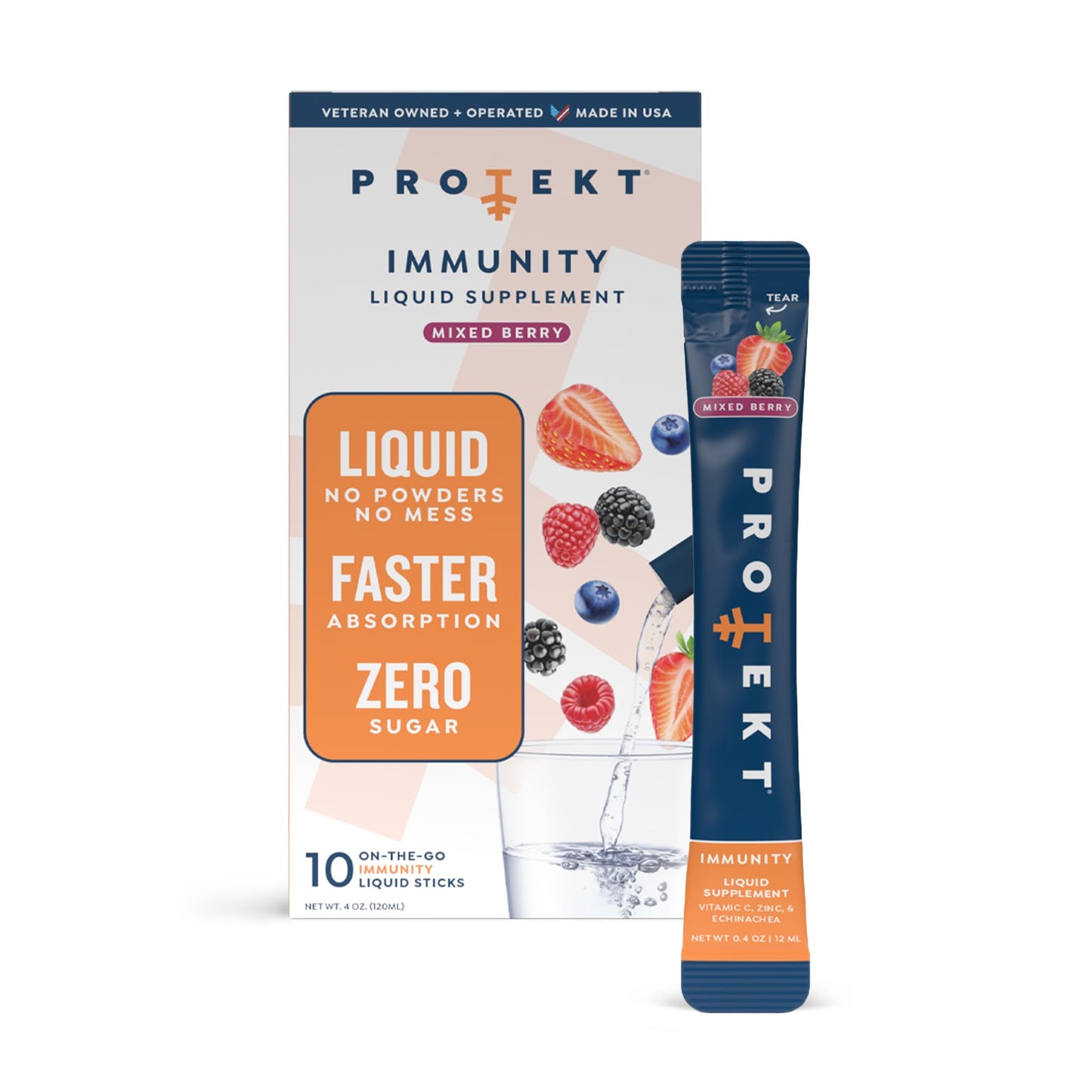 PROTEKT Liquid Immune Support – Sugar-Free Vitamin C & Zinc (Mixed Berry, 10ct)