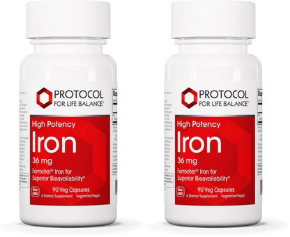 Protocol For Life Balance Iron 36mg - Ferrochel Bioavailable Iron for Energy & Immunity - 90 Veg Capsules (Pack of 2)