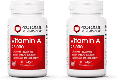 Vitamin A 25,000 IU - Eye & Immune Health | Protocol For Life Balance | 100 Softgels (2-Pack)