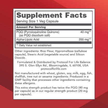 Protocol For Life Balance PQQ 40mg + Alpha-Lipoic Acid – Heart Health, Non-GMO, Kosher, 50 Veg Caps
