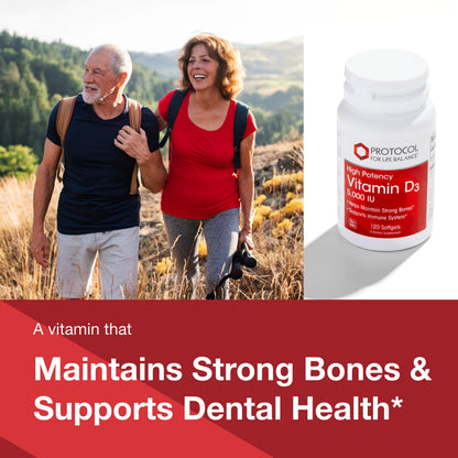 Protocol For Life Balance Vitamin D3 5000 IU Softgels - Supports Calcium Absorption, Bone, Dental Health, Immune, Nervous System & Cognitive Function - 120 Softgels