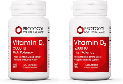Protocol Vitamin D3 2,000 IU | Immune Support, Healthy Bones & Teeth | 120 Softgels (Pack of 2)