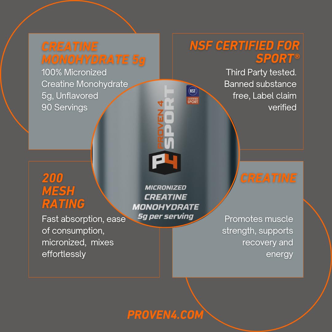 Proven4 Creatine Monohydrate Micronized Powder – NSF Certified for Sport, Unflavored, 16 oz, 90 Servings