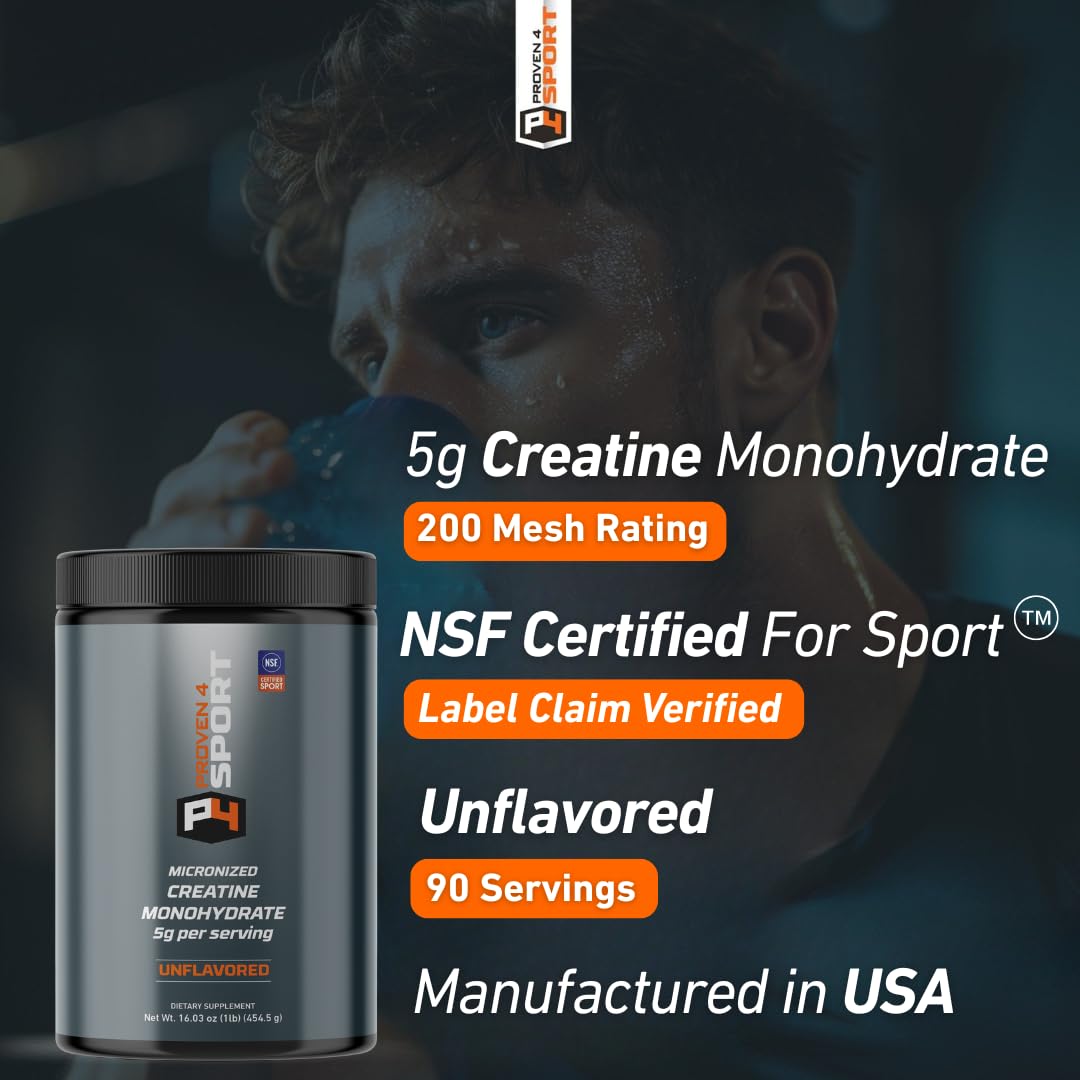 Proven4 Creatine Monohydrate Micronized Powder – NSF Certified for Sport, Unflavored, 16 oz, 90 Servings
