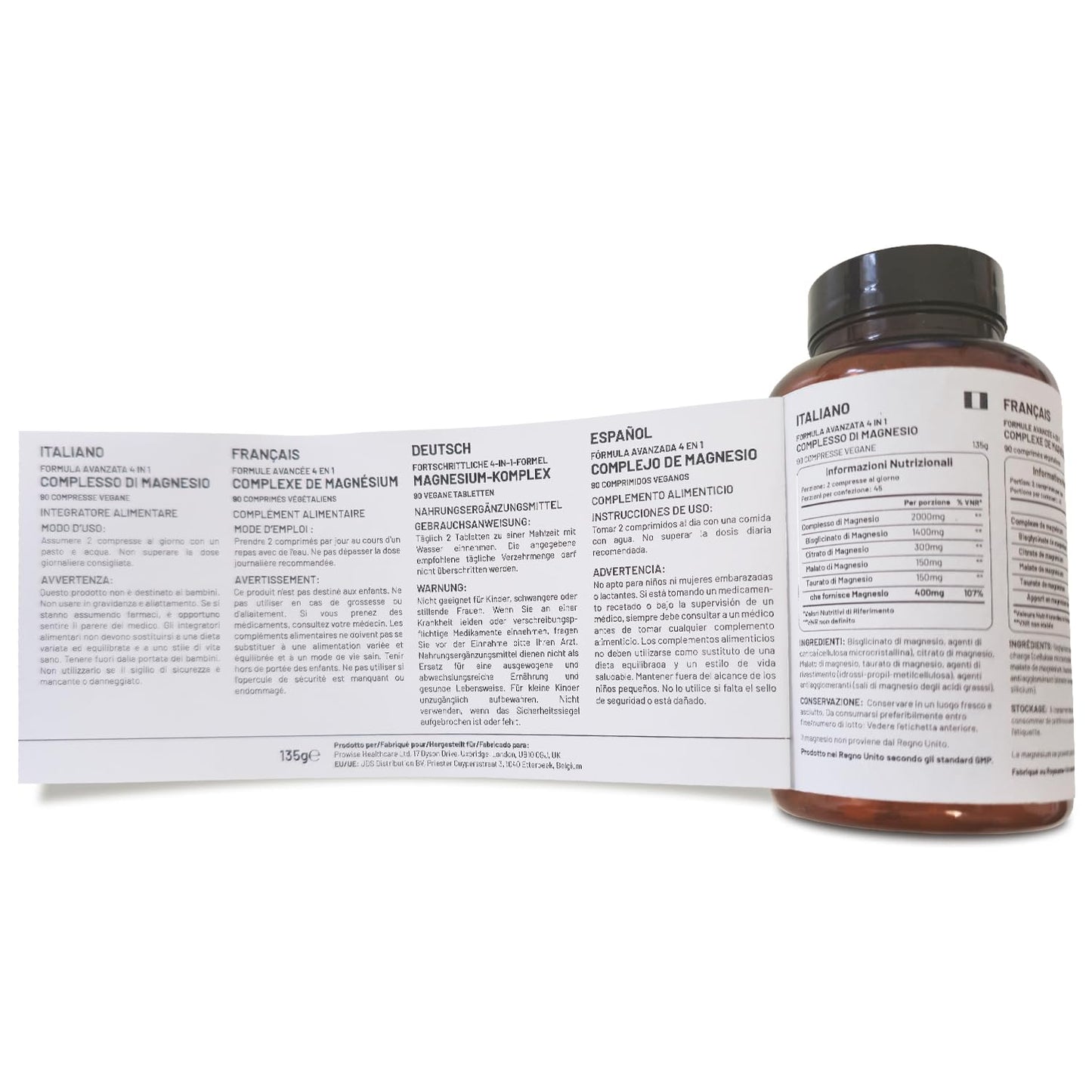Magnesium Glycinate Complex 4-in-1 | 2000mg per Serving | 400mg Elemental | 90 Vegan Tablets | Prowise