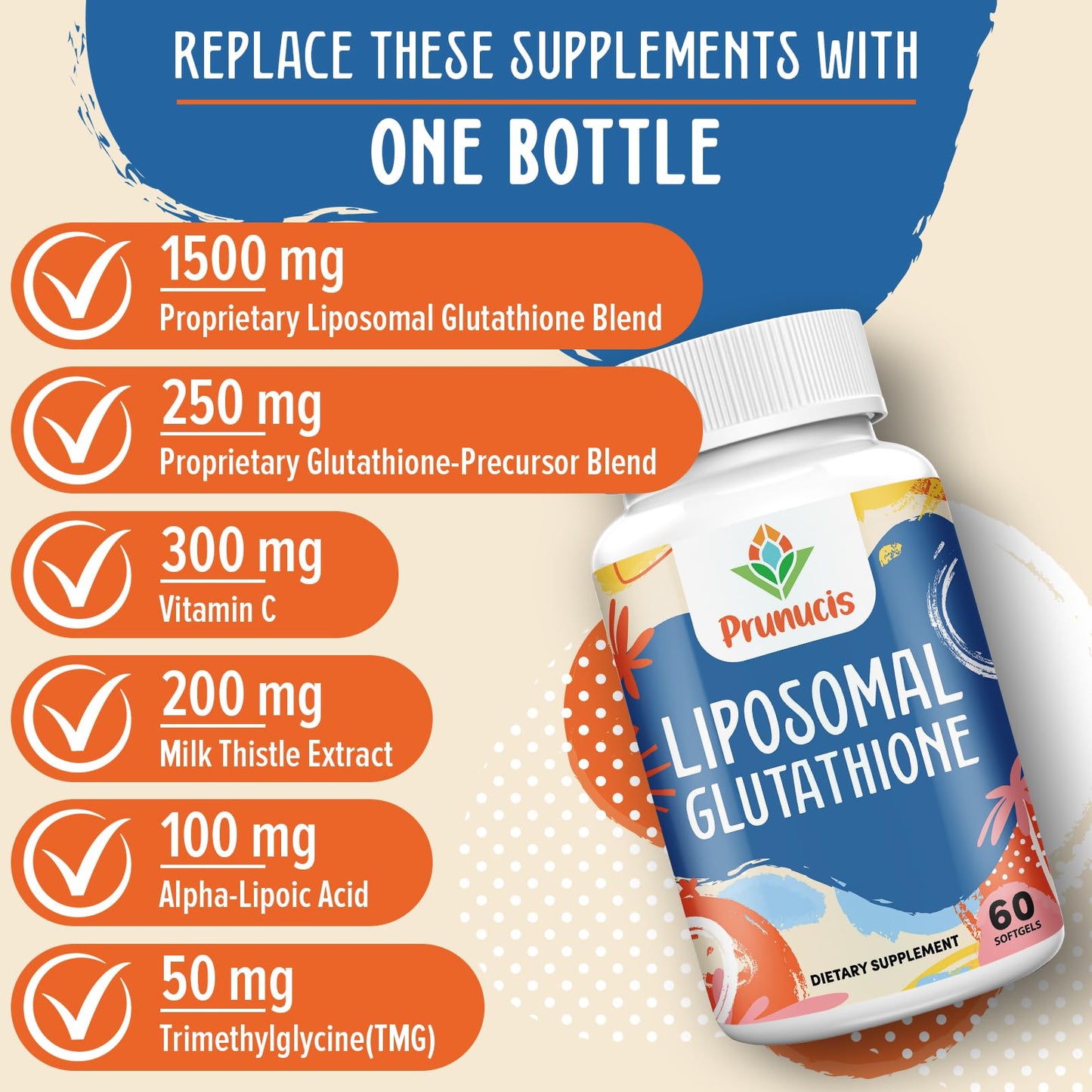 Prunucis 2400MG Liposomal Glutathione — Vitamin C, Milk Thistle, Alpha-Lipoic Acid, 480 Softgels