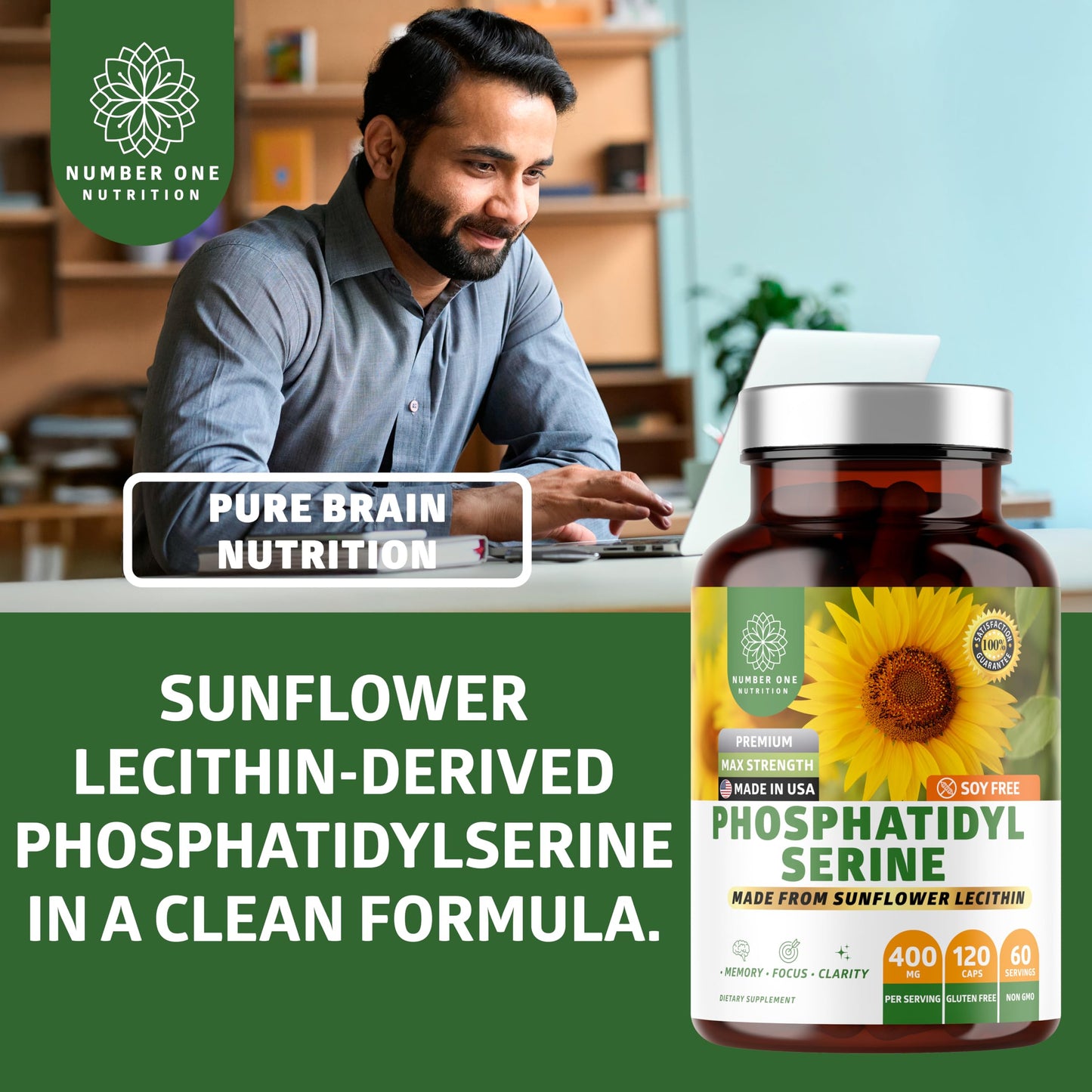 Number One Nutrition Phosphatidylserine 400mg – Sunflower Lecithin, Soy Free, 120 Veg Caps