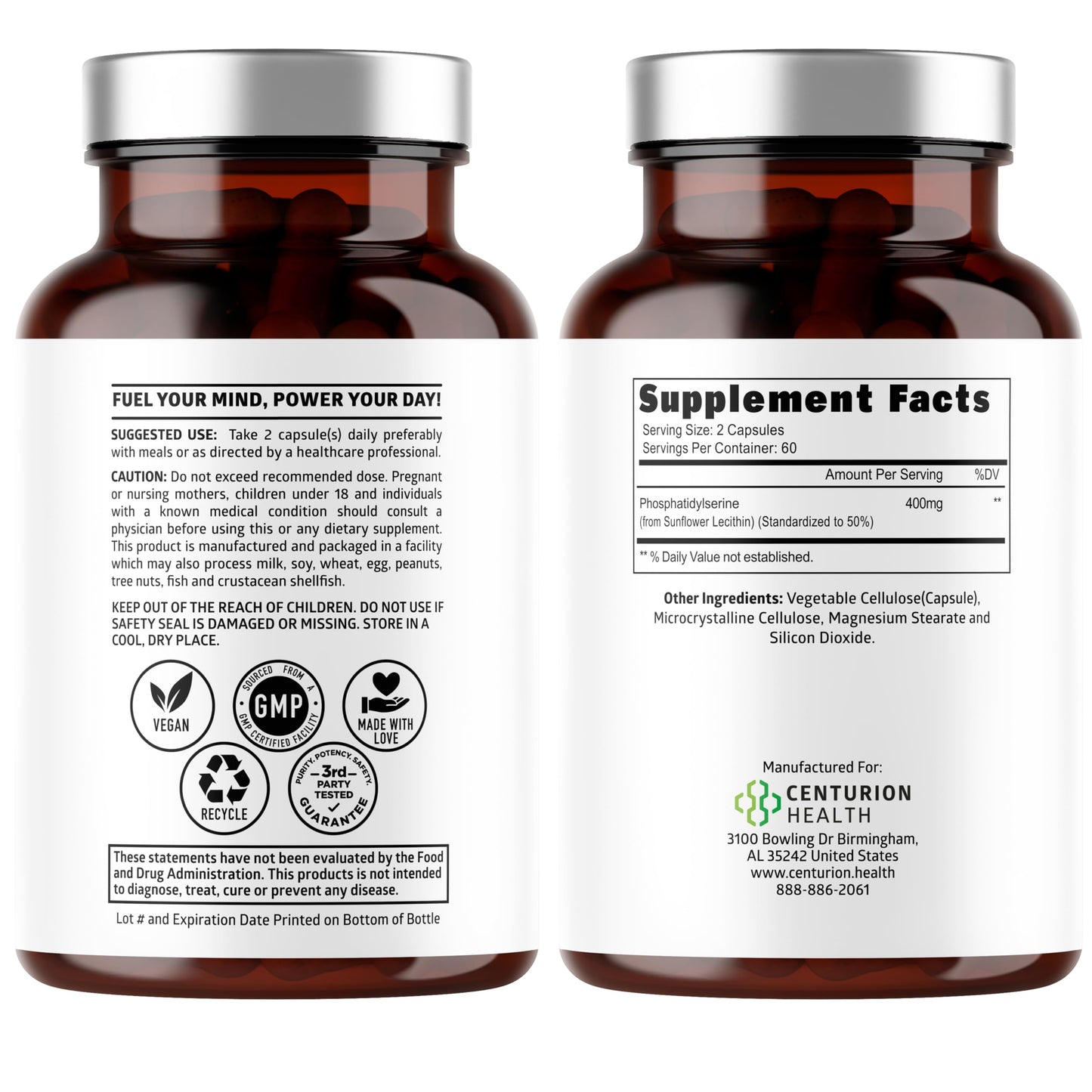 Number One Nutrition Phosphatidylserine 400mg – Sunflower Lecithin, Soy Free, 120 Veg Caps