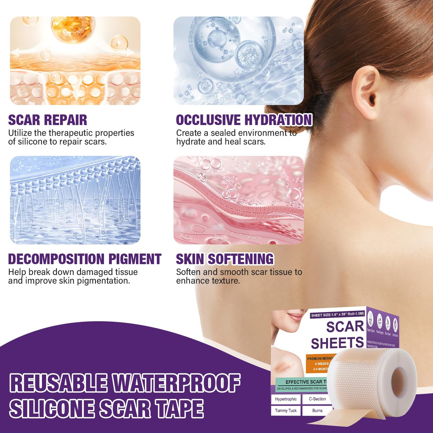 Psecici Silicone Scar Sheets & Tape – Medical-Grade, Reusable Scar Strips (1.6 x 59 in Roll)