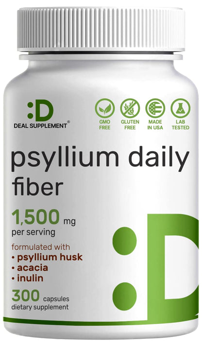 Psyllium Husk 1500mg Per Serving – 300 Capsules | 3-in-1 Fiber with Inulin & Acacia – Plant-Based, Non-GMO