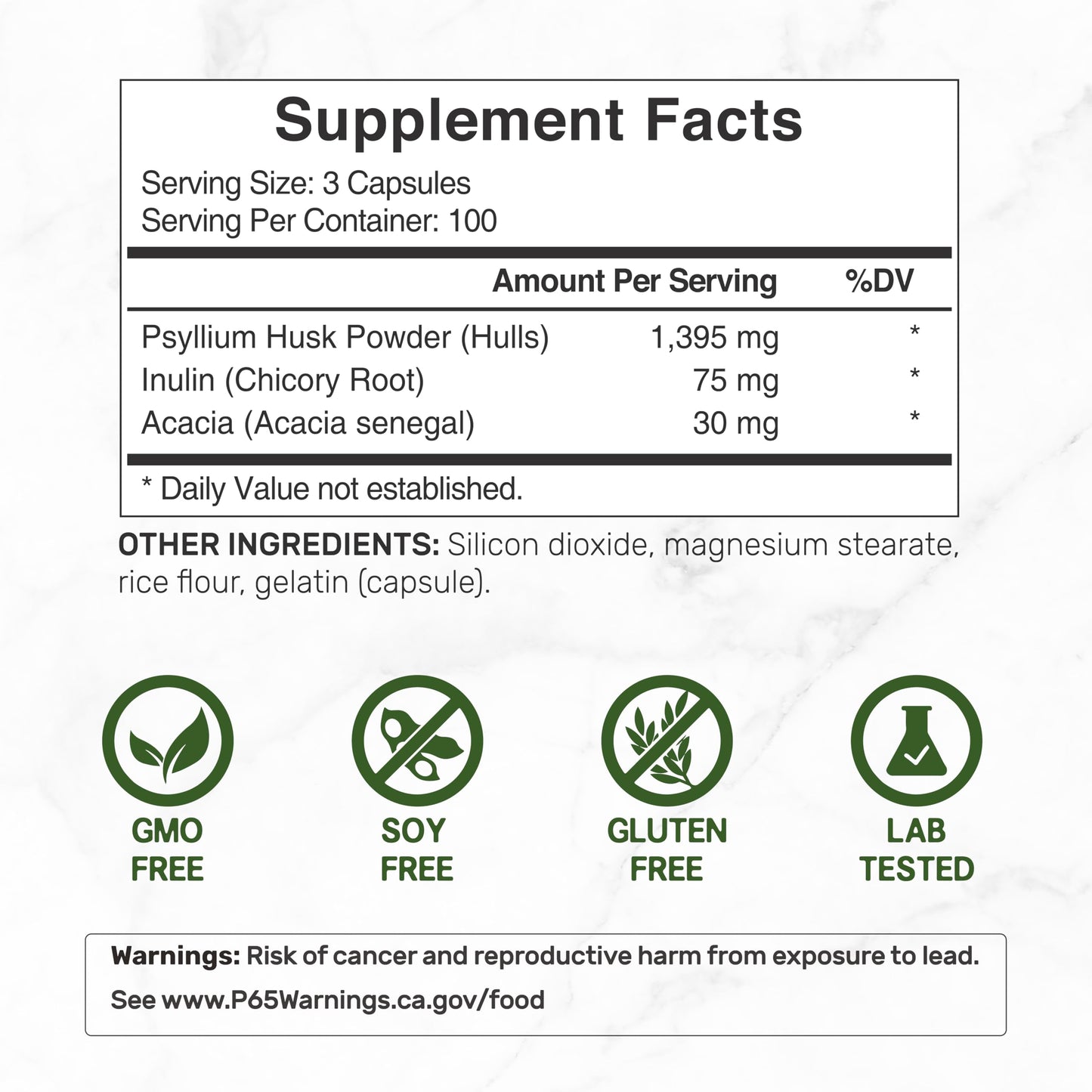 Psyllium Husk 1500mg Per Serving – 300 Capsules | 3-in-1 Fiber with Inulin & Acacia – Plant-Based, Non-GMO