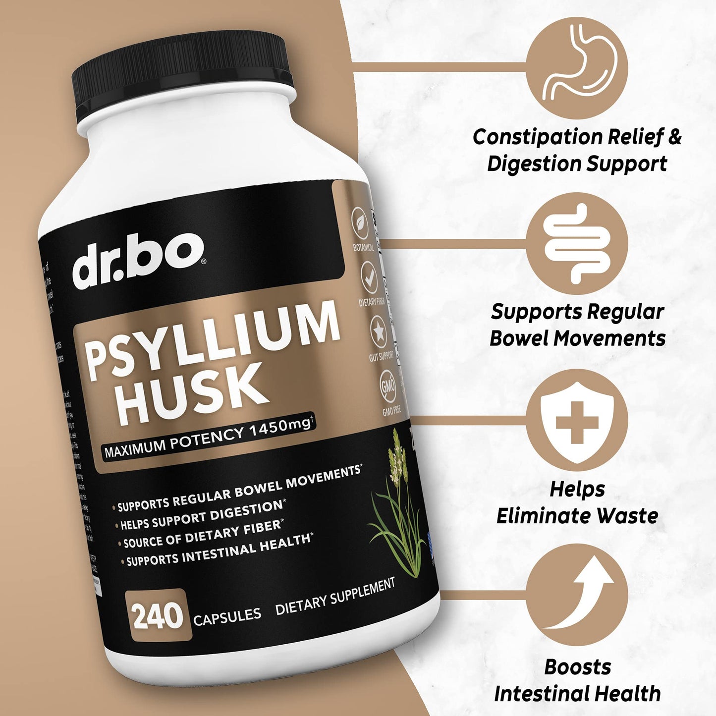 Psyllium Husk Capsule Fiber Supplement for Adults | Constipation Relief