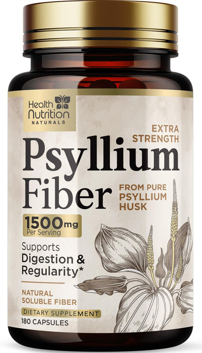 Psyllium Husk Capsules 1500 mg — Vegan Fiber Supplement for Digestive Health & Regularity | Non-GMO, 180 Veggie Capsules