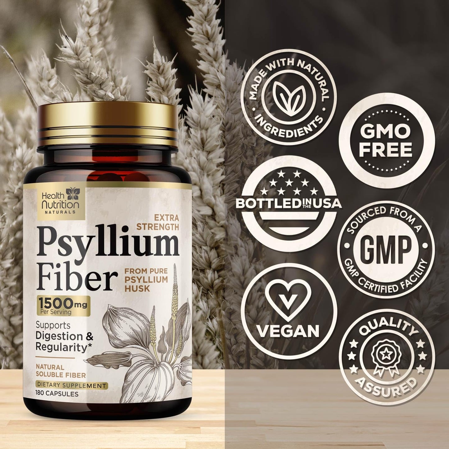 Psyllium Husk Capsules 1500 mg — Vegan Fiber Supplement for Digestive Health & Regularity | Non-GMO, 180 Veggie Capsules