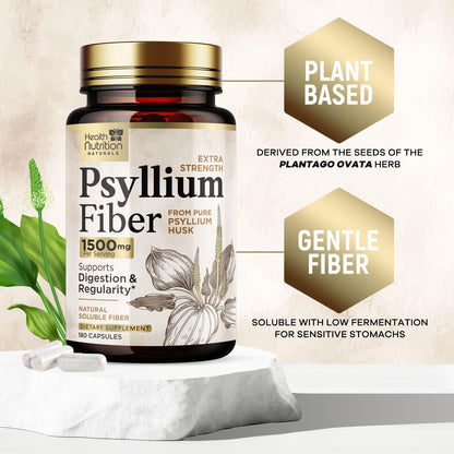 Psyllium Husk Capsules 1500 mg — Vegan Fiber Supplement for Digestive Health & Regularity | Non-GMO, 180 Veggie Capsules