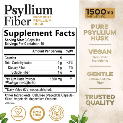 Psyllium Husk Capsules 1500 mg – Plant-Based Fiber (Vegan, Non-GMO) 120 Caps