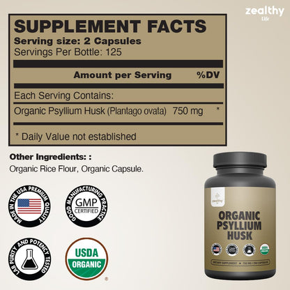 Organic Psyllium Husk Capsules 750 mg – Natural Fiber for Gut Health | Zealthy Life, 250 Capsules