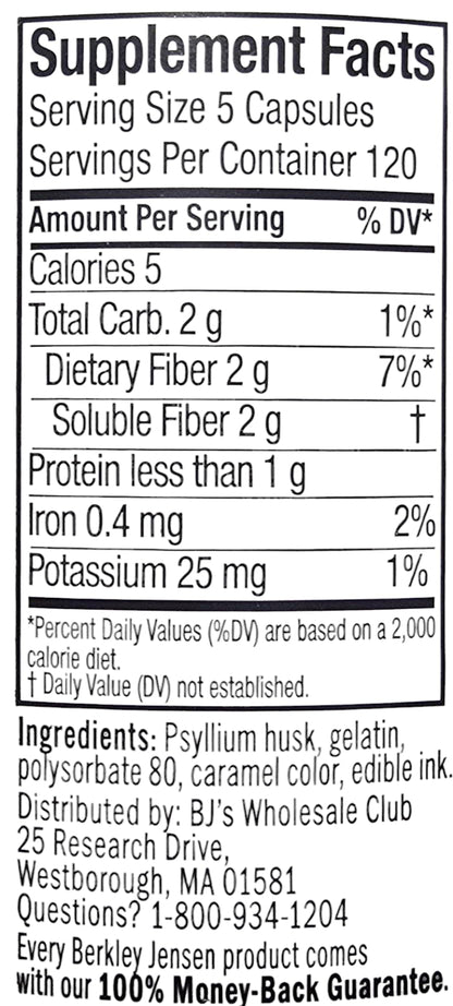 Berkley Jensen Daily Psyllium Husk Supplement – 600 Count Fiber Capsules