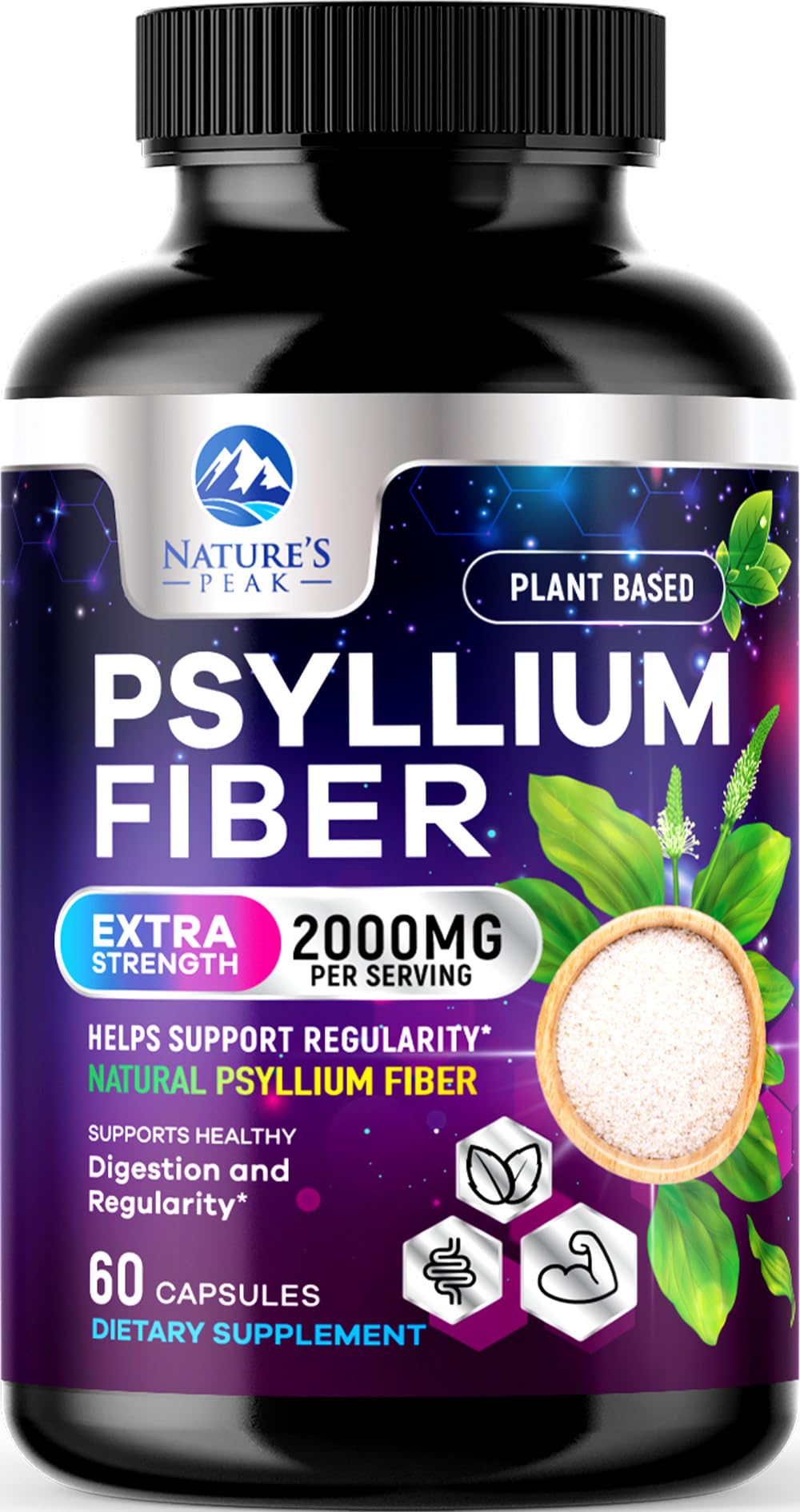 Psyllium Husk Fiber 1500mg – Vegan Prebiotic, Soluble Fiber for Digestive Health | 60 Capsules