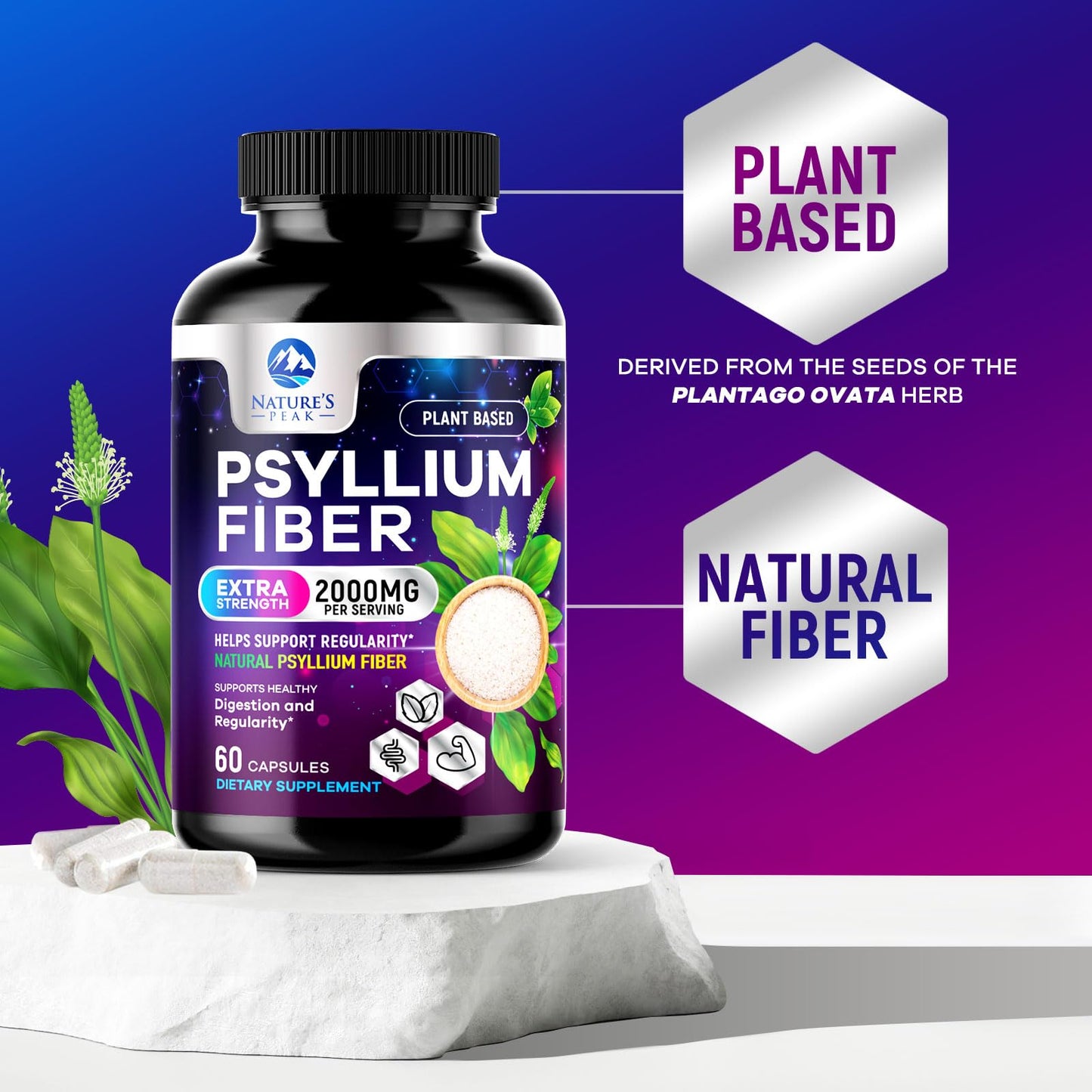 Psyllium Husk Fiber 1500mg – Vegan Prebiotic, Soluble Fiber for Digestive Health | 60 Capsules