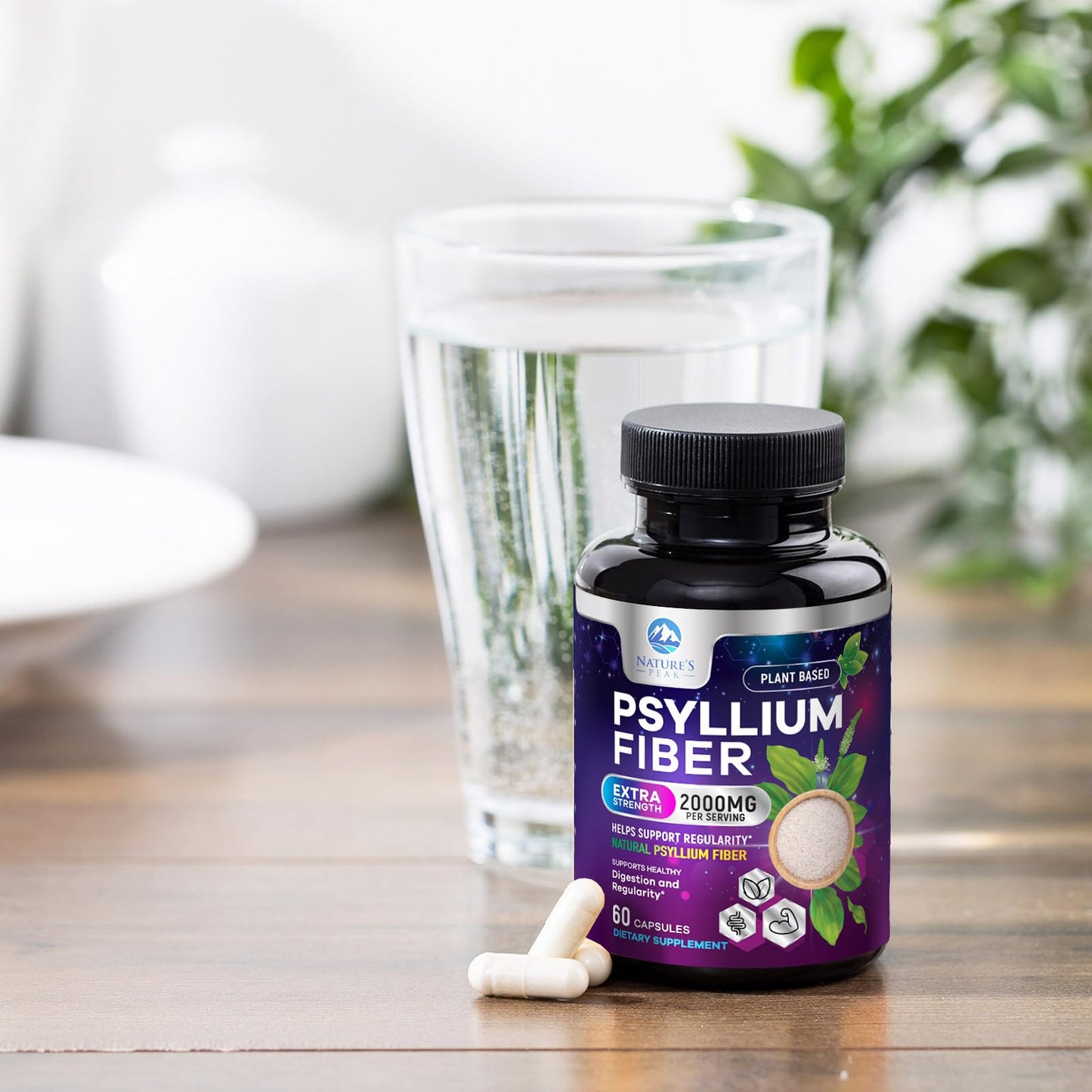 Psyllium Husk Fiber 1500mg – Vegan Prebiotic, Soluble Fiber for Digestive Health | 60 Capsules