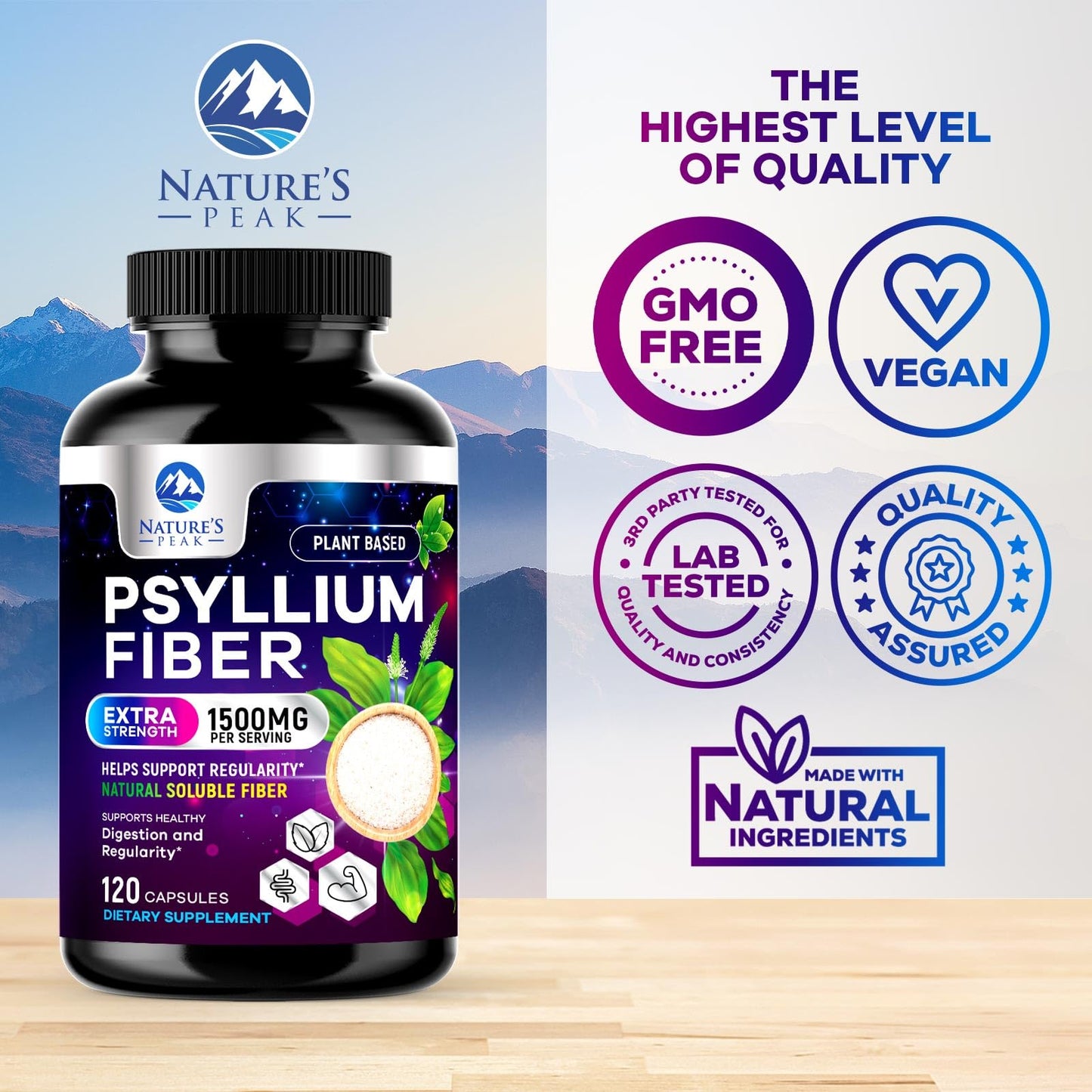 Psyllium Husk Fiber 1500mg – Vegan Prebiotic, Sugar-Free & Gluten-Free | 120 Capsules