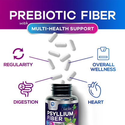 Psyllium Husk Fiber 1500mg – Vegan Prebiotic, Sugar-Free & Gluten-Free | 120 Capsules