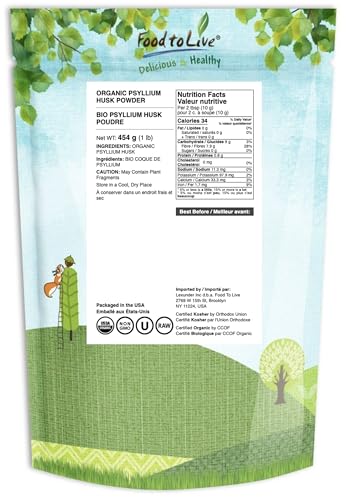 Food to Live Organic Psyllium Husk Powder - 1 lb, Non-GMO, Kosher, Ultra Fine, Vegan, Keto Friendly