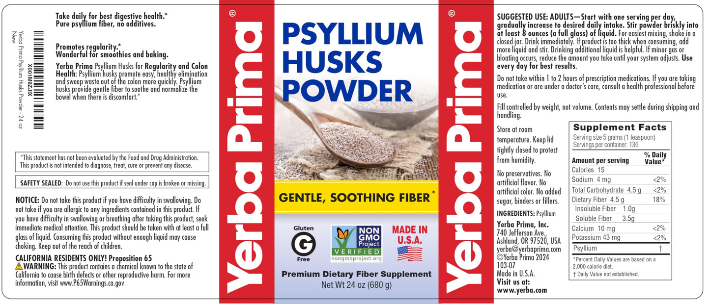 Yerba Prima Psyllium Husk Powder 24oz - Fine Ground, Unflavored, Sugar Free