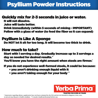 Yerba Prima Psyllium Husks Fiber Powder 12 oz - Natural Fiber Supplement