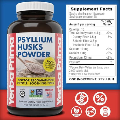 Yerba Prima Psyllium Husk Powder 12 oz – Natural Fiber Supplement for Gut Health