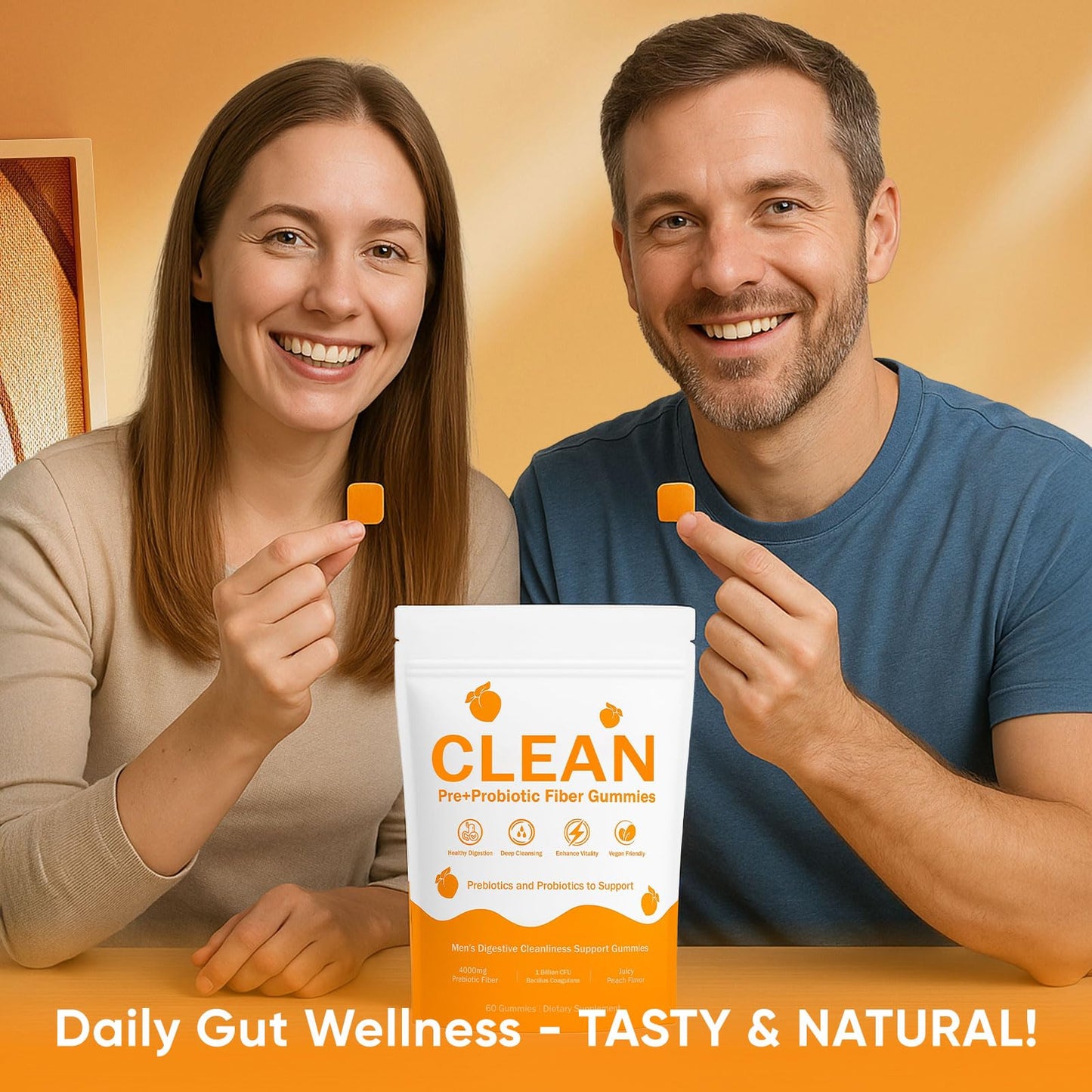 pucges Clean Prebiotic Fiber Gummies for Men – Peach Flavor, Sugar-Free, 60 Count