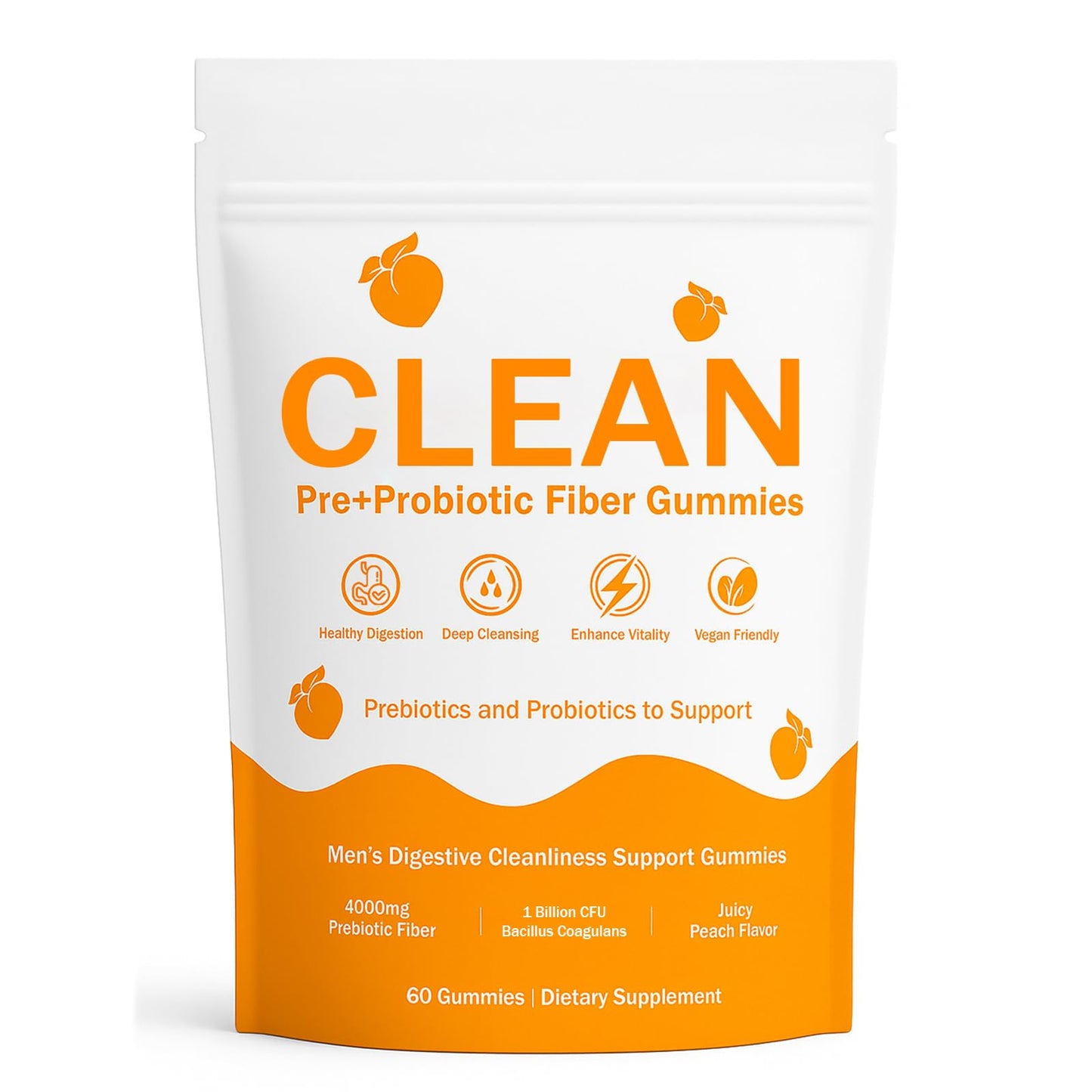 pucges Clean Prebiotic Fiber Gummies for Men – Peach Flavor, Sugar-Free, 60 Count