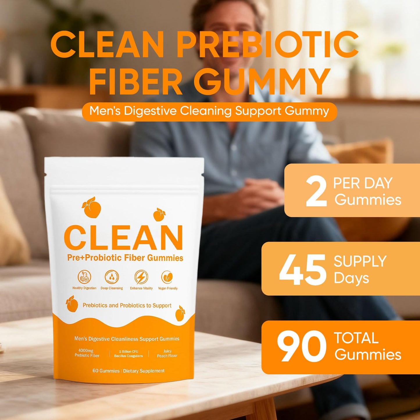 pucges Clean Prebiotic Fiber Gummies for Men – Peach Flavor, Sugar-Free, 60 Count