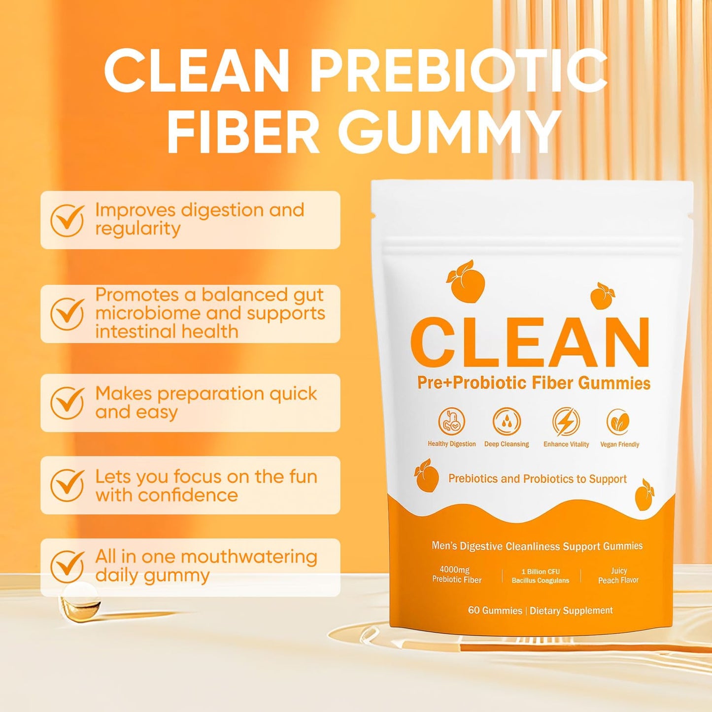 pucges Clean Prebiotic Fiber Gummies for Men – Peach Flavor, Sugar-Free, 60 Count
